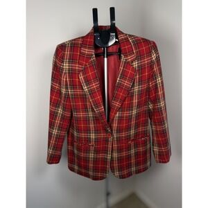 Fundamental Things‎ Petites Red Plaid Wool Blend Blazer Jacket Size 8P 55186LM